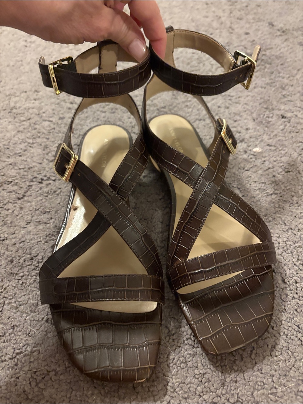 Ann Taylor Dark Brown Croc-Embossed Ankle-Strap Sandals